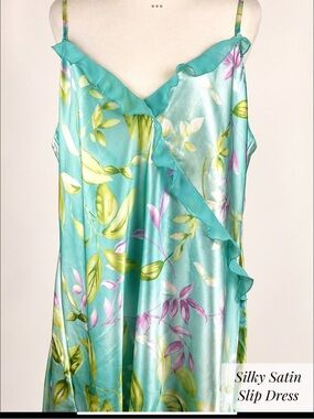 Valerie Stevens Silky Satin Floral Slip Dress XL Aqua Ruffle